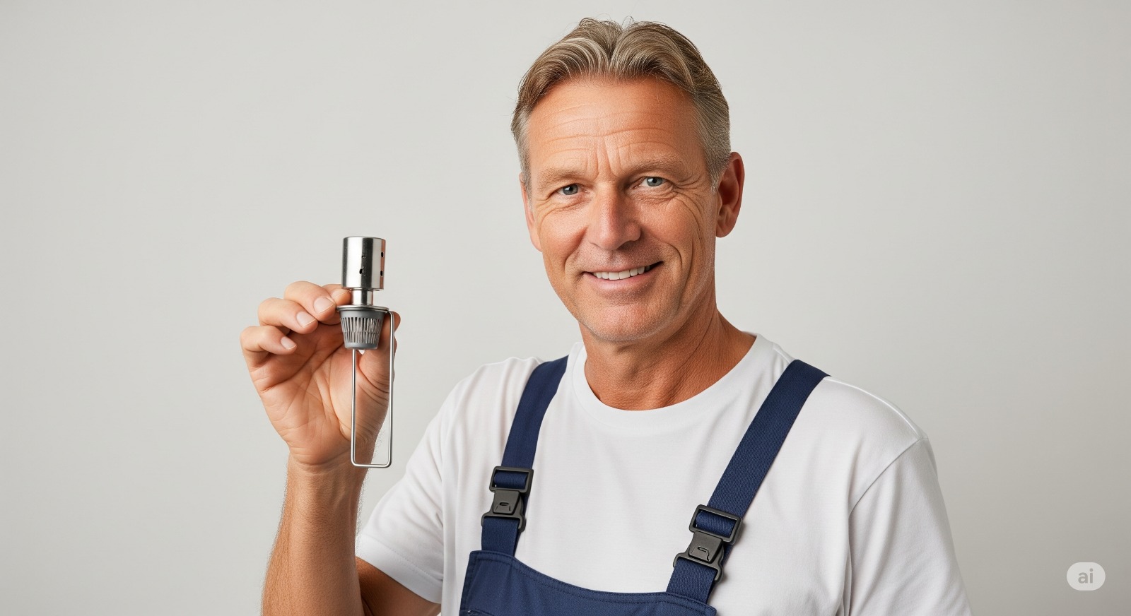 Een vriendelijke, betrouwbare loodgieter die een haarzeefje voor een doucheputje vasthoudt, wat het eerlijke expertadvies symboliseert.